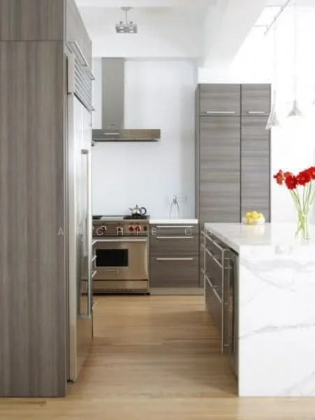 Kitchen features: stainless-steel fridge, stainless-steel range oven, stainless-steel range hood, marble countertop, grey cabinetry, wooden flooring, pendant lighting, double-bowl stainless-steel sink, chrome pull-down faucet, open shelving, decorative vase with flowers; style: modern.