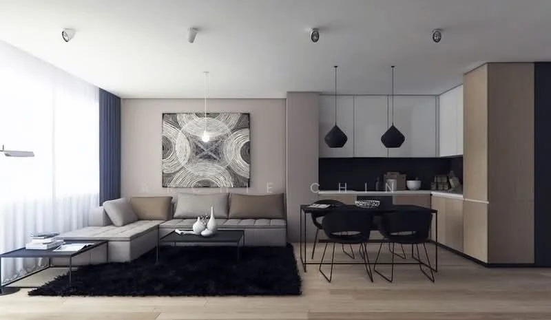 Living features: L-shape sectional sofa in light grey, black coffee table, area rug with black shag texture, wall-mounted artwork with abstract design, recessed downlights, floor-to-ceiling windows with sheer curtains, wooden flooring, decorative vase on coffee table, black dining table with four chairs, pendant lights above dining table, kitchen cabinetry in light wood and white; style: modern.