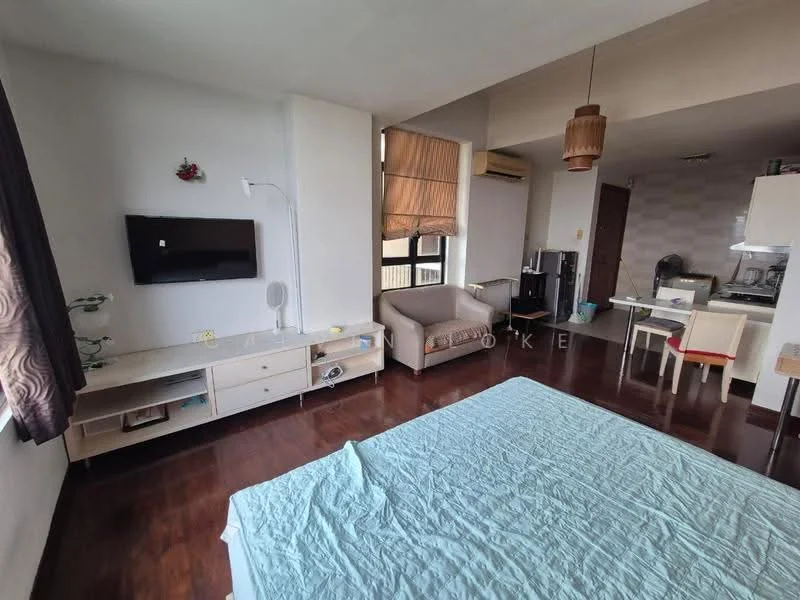 Room features: wooden flooring, white painted walls, large window with city view, wall-mounted TV, sofa in beige, coffee table, dining table with four chairs, air conditioning unit, decorative wall art, light fixture with pendant design; style: modern; view: city.