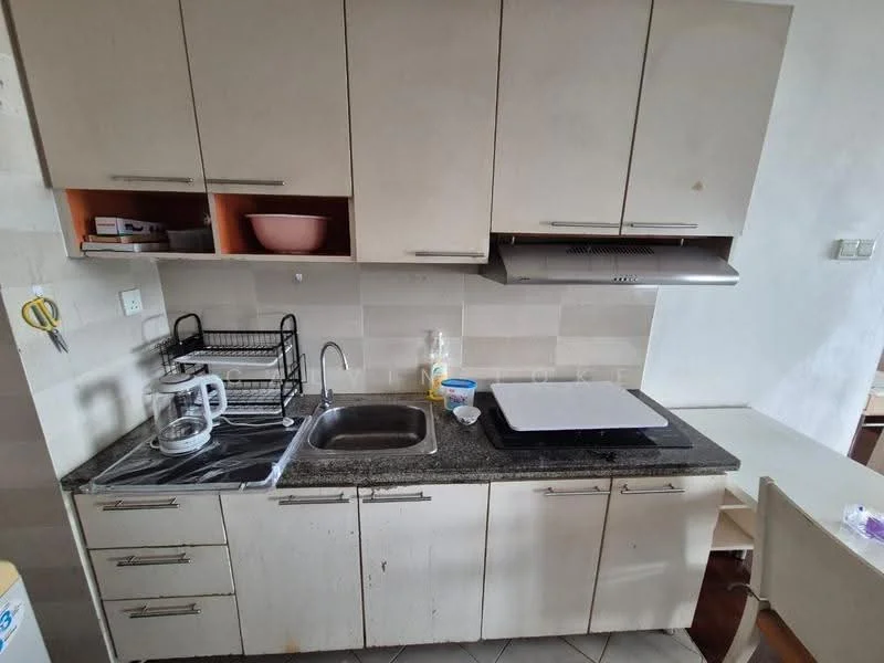 Kitchen features: single-bowl stainless-steel sink, chrome pull-down faucet, granite countertop, wood cabinetry in light color, built-in oven, stainless-steel range hood, ceramic tile backsplash, kitchen island with flat surface, open shelving, microwave, kitchen utensils rack; style: modern.