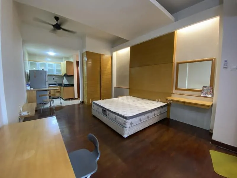 Bedroom features: queen-size bed, wooden headboard, wooden flooring, ceiling fan, built-in wardrobe with sliding doors, desk with chair, mirror, decorative wall paneling, natural light from adjacent room; style: modern. Kitchen features: open-plan layout, kitchen cabinets, black countertop, stainless-steel fridge, stainless-steel sink, 4-burner gas hob, oven, tile backsplash, wooden cabinetry; style: modern.