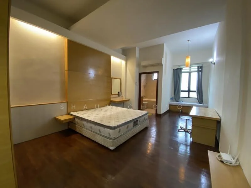 Bedroom features: wooden flooring, light beige painted walls, built-in wooden headboard, wall-mounted study desk, built-in wardrobe, window with sheer curtains, ceiling light fixture, queen-size bed base, side table, air conditioning unit; style: modern.
