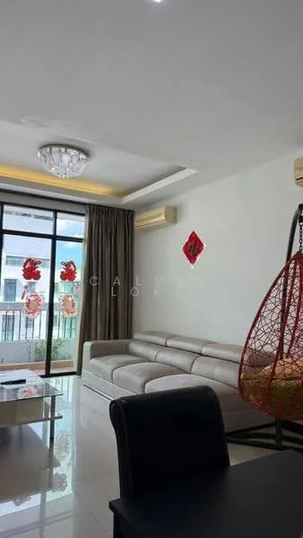 Living features: white painted walls, tray ceiling, chandelier, floor-to-ceiling windows, sliding glass door, cream curtains, light-colored leather sectional sofa, glass coffee table, decorative wall art, air conditioning unit, tile flooring, hanging rattan chair, decorative red wall hanging; style: modern.