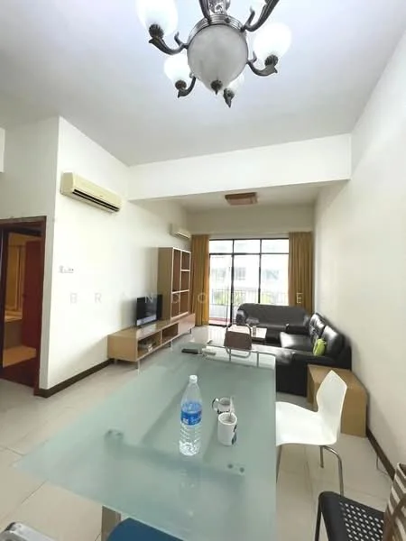 Living features: 3-seater leather sofa, coffee table, TV console, wall-mounted TV, floor-to-ceiling windows, curtains, ceiling light fixture with multiple bulbs, air conditioning unit, tile flooring, decorative wall paneling; style: modern; view: garden. Dining features: glass dining table, white plastic dining chairs, water bottle on table, mugs on table; style: modern.