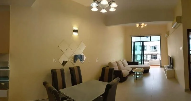 Living features: cream painted walls, tile flooring, 5-blade ceiling fan with light, recessed downlights, L-shape sectional sofa in beige, coffee table, wall-mounted TV, floor-to-ceiling windows, sheer curtains, dining table with black chairs; style: modern; view: city.