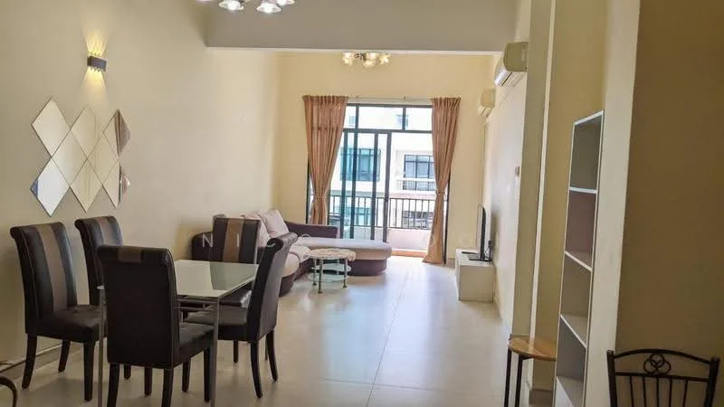 Living features: cream painted walls, tile flooring, 5-blade ceiling fan with light, floor-to-ceiling windows, sheer curtains, L-shape sectional sofa in beige, glass dining table with 6 upholstered chairs, TV console, wall-mounted TV, decorative mirror, area rug with geometric pattern; style: modern; view: city.