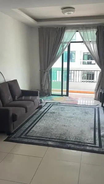 Living features: grey fabric sofa, area rug with geometric pattern, floor-to-ceiling sliding glass door, curtains in light grey, white painted walls, tile flooring, ceiling light fixture, balcony view; style: modern; view: city.