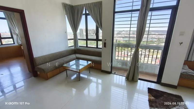Living features: floor-to-ceiling windows, grey sheer curtains, wooden window frames, white painted walls, cream tiled flooring, sofa with striped upholstery, glass coffee table, area rug with geometric pattern, wooden paneling, city view; style: modern; view: city.