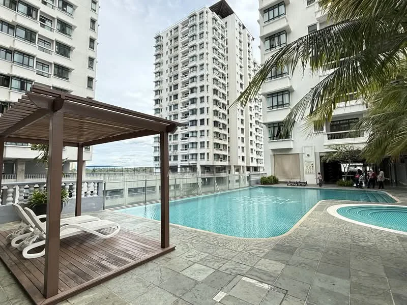 Exterior type: high-rise condominium; features: infinity pool, pool deck with loungers, wooden gazebo, tiled pool area, surrounding palm trees, glass railing, landscaped garden area, multiple high-rise buildings, city skyline in background; style: modern.