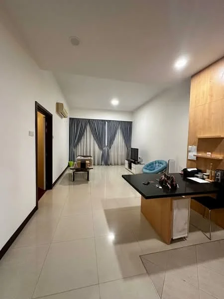 Living features: white painted walls, polished tile flooring, recessed downlights, floor-to-ceiling windows with sheer curtains, wall-mounted TV, black countertop, wood cabinetry, air conditioning unit, blue bean bag chair, coffee table; style: modern.