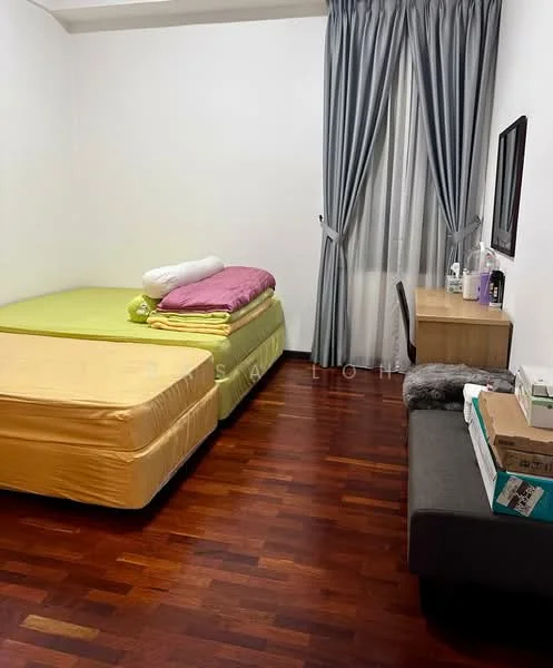 Bedroom features: wooden flooring, white painted walls, floor-to-ceiling curtains, queen-size bed with green and pink bedding, desk with chair, small sofa, decorative pillows, boxes on the floor.