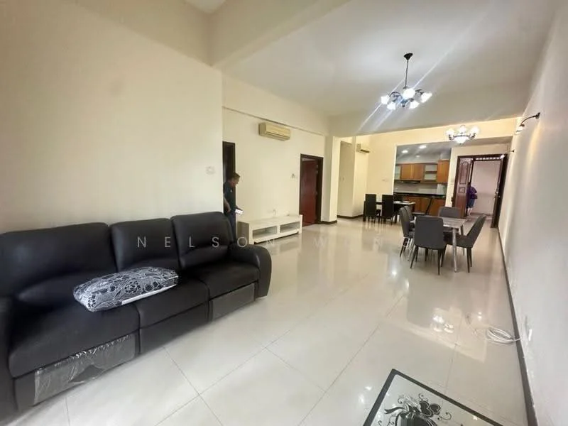 Living features: 3-seater leather sofa in black, coffee table with glass top, dining table for 6 with upholstered chairs, wall-mounted air conditioning unit, recessed downlights, cream painted walls, glossy ceramic tile flooring, decorative wall sconce, open layout connecting to kitchen, doorway leading to hallway, large windows for natural light; style: modern.