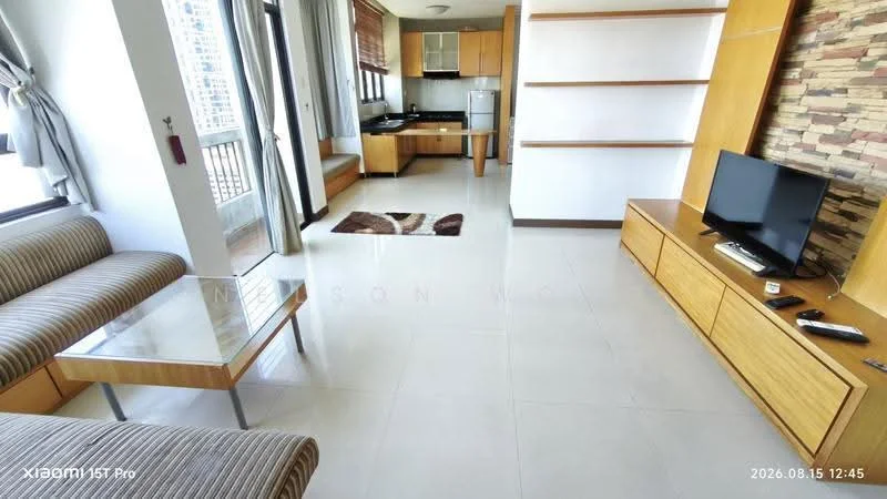Living features: striped fabric sofa, glass coffee table, wooden TV console, wall-mounted TV, stone feature wall, large windows with sheer curtains, area rug with geometric pattern, open-plan layout with kitchen, ceramic tile flooring, recessed downlights, built-in shelving unit, neutral wall color; style: modern; view: city. Kitchen features: wood cabinetry, black countertop, stainless-steel fridge, built-in oven, freestanding range oven, ceramic tile flooring, window above sink, open layout to living area; style: modern.