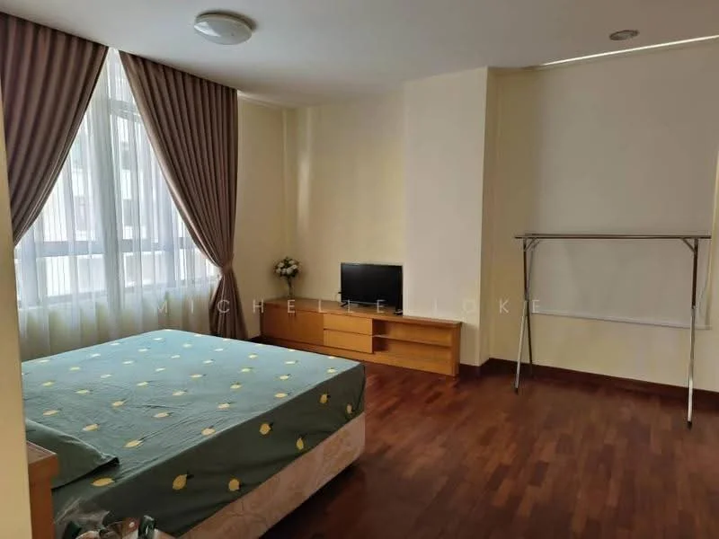 Bedroom features: queen-size bed with green bedding, wooden flooring, floor-to-ceiling windows, sheer curtains, wall-mounted TV, wooden dresser, decorative plant on dresser, clothes rack, light ceiling fixture, neutral painted walls; style: modern.