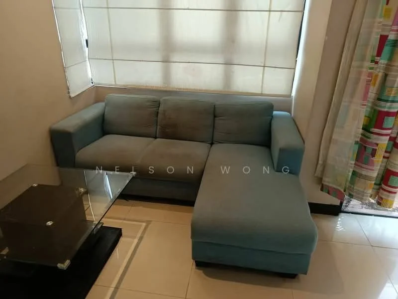 Living features: L-shape sectional sofa in light blue fabric, glass coffee table with black base, floor-to-ceiling windows, sheer window treatments, curtains with colorful pattern, cream painted walls, glossy tile flooring, black baseboard; style: modern.