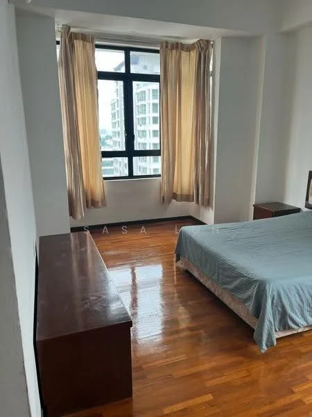 Bedroom features: wooden flooring, white painted walls, floor-to-ceiling windows, sheer curtains, queen-size bed, wooden bedside table, wall-mounted TV, decorative mirror; style: modern; view: city.