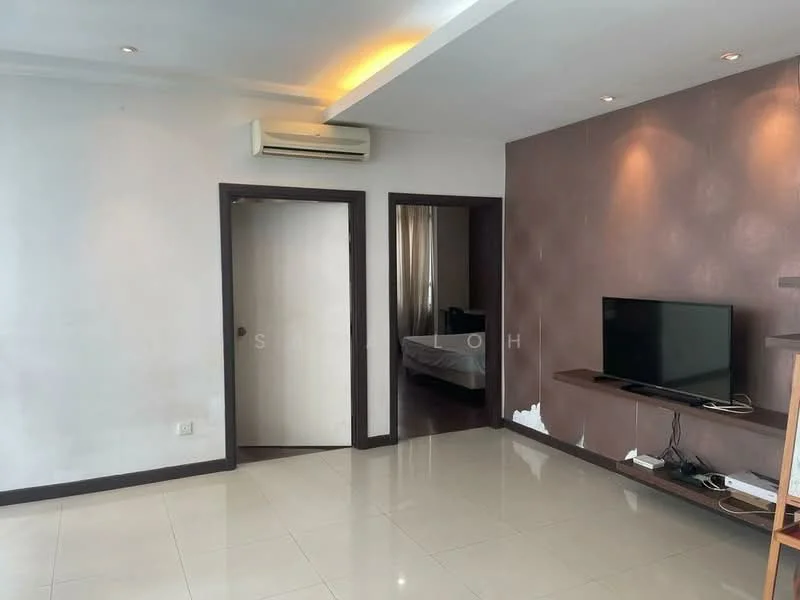 Living features: white painted walls, cream accent wall, glossy tile flooring, recessed downlights, wall-mounted TV, TV console, air conditioning unit, doorway to bedroom, large window with sheer curtains; style: modern.