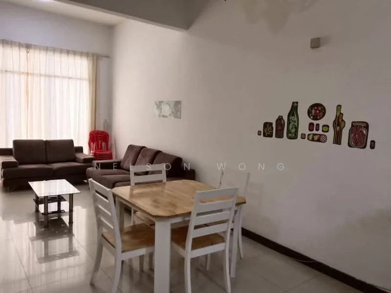 Living features: grey fabric sofa, 2-seater sofa, 3-seater sofa, wooden coffee table, white dining table, 4 white dining chairs, large windows with sheer curtains, white painted walls, glossy tile flooring, decorative wall art; style: modern.