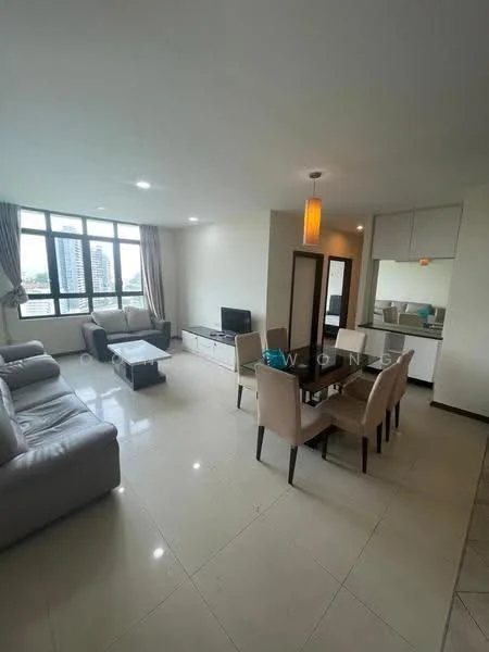 Living features: 3-seater leather sofa in light grey, 2-seater leather sofa in light grey, coffee table, TV console, wall-mounted TV, area rug, floor-to-ceiling windows, curtains, recessed downlights, pendant light, dining table with 4 upholstered chairs, open-plan layout, ceramic tile flooring, white painted walls; style: modern; view: city.