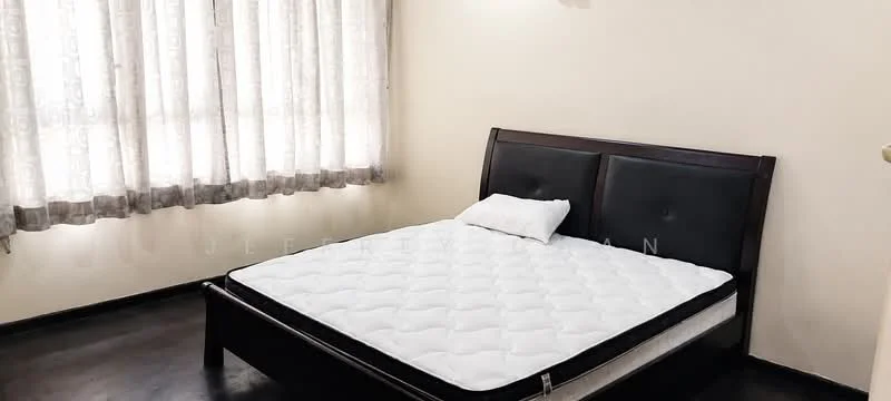 Bedroom features: queen-size bed, upholstered headboard, white mattress, light-coloured walls, dark wood bed frame, curtains with floral pattern, floor-to-ceiling windows, dark flooring; style: modern.