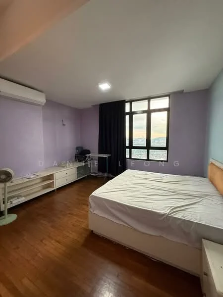 Bedroom features: wooden flooring, purple painted walls, white ceiling, 1 wall-mounted split AC, 1 ceiling fan, large window with city view, black curtains, double bed with no bedding, built-in wardrobe, study desk, open shelving unit; style: modern; view: city.