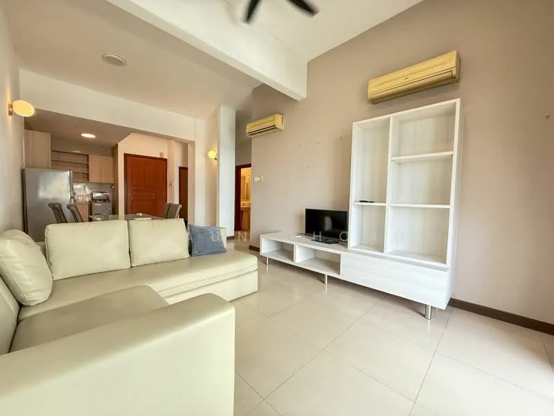 Living features: 3-seater leather sofa in cream, wall-mounted TV, white TV console, light-colored tiled flooring, 2 wall-mounted split AC units, recessed ceiling lights, ceiling fan, decorative wall with light brown paint, open layout to dining area, large window for natural light; style: modern.