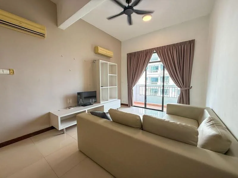 Living features: 3-seater fabric sofa in white, coffee table, wall-mounted TV, TV console, floor-to-ceiling windows, sliding glass door, curtains, ceiling fan with light, air conditioning unit, light-colored walls, tile flooring; style: modern; view: city.