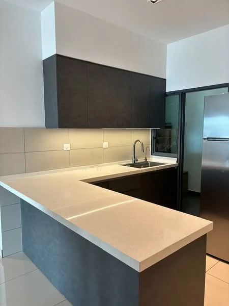 Kitchen features: L-shaped countertop, white quartz countertop, dark cabinetry, stainless-steel sink, chrome pull-down faucet, built-in refrigerator, tile backsplash, white wall tiles, grey floor tiles, under-cabinet lighting; style: modern.