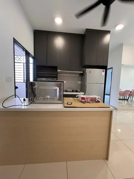 Kitchen features: black cabinetry, stainless-steel fridge, built-in oven, microwave, white countertop, ceramic tile flooring, recessed downlights, kitchen island, sink, gas hob, exhaust hood, window with grille, open layout; style: modern.