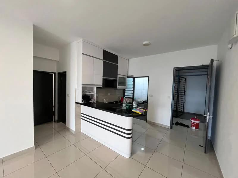 Kitchen features: white cabinetry with black accents, black countertop, stainless-steel sink, built-in oven, ceramic tile flooring, recessed downlights, open layout, kitchen island with seating, modern appliances, wall-mounted cabinets, glass backsplash; style: modern. Room features: white painted walls, grey accent wall, doorway leading to another room, neutral color scheme, open space layout.