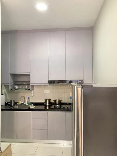 Kitchen features: grey flat-panel cabinets, black granite countertop, stainless-steel sink, chrome pull-down faucet, built-in gas hob, built-in range hood, two stainless-steel cooking pots, white tiled backsplash, white tiled flooring, recessed downlights, fridge, open shelving; style: modern.