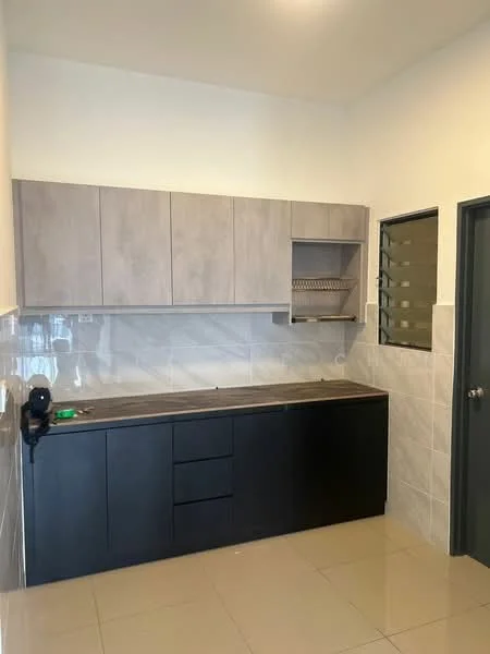 Kitchen features: grey upper cabinets, black lower cabinets, stainless-steel sink, chrome faucet, grey countertop, white tiled backsplash, white tiled walls, cream tiled flooring, window with horizontal slats, built-in dish rack; style: modern.