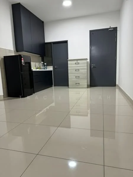 Room features: glossy tile flooring, white painted walls, black cabinetry, black refrigerator, kitchen countertop, drawer unit, door with handle, ceiling light; style: modern.