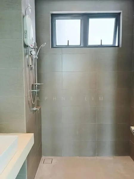 Bathroom features: grey tiled walls, grey tiled flooring, shower area with glass partition, wall-mounted showerhead, built-in shower shelf, window with two panes, white countertop, sink, mirror above sink; style: modern.