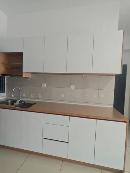 Kitchen features: white cabinetry with flat-panel doors, wood countertop, stainless-steel sink, chrome faucet, built-in cooktop, tile backsplash, cream-colored wall tiles, light-colored flooring; style: modern.