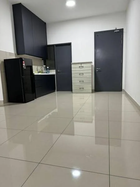 Kitchen features: black refrigerator, grey cabinetry, white countertop, ceramic tile flooring, recessed ceiling lights, single-bowl stainless-steel sink, chrome pull-down faucet, drawer unit, wall-mounted cabinet, neutral wall colour; style: modern.