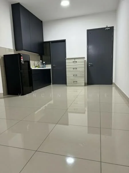 Room features: glossy tile flooring, white painted walls, black cabinetry, stainless-steel fridge, built-in kitchen cabinets, drawer unit, single door, recessed ceiling lights; style: modern.
