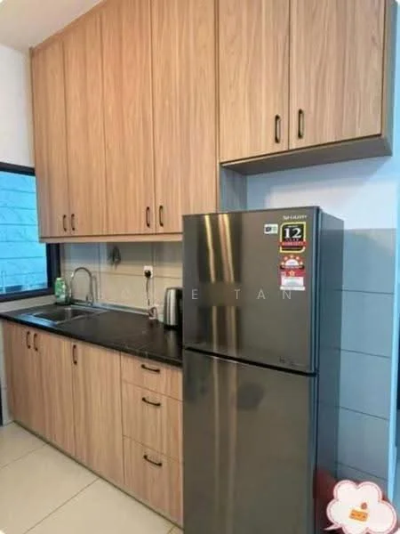 Kitchen features: wood cabinetry with light wood finish, black granite countertop, stainless-steel fridge, single-bowl stainless-steel sink, chrome pull-down faucet, wall-mounted cabinets, tile backsplash, ceramic tile flooring, window with black frame, under-cabinet lighting; style: modern.