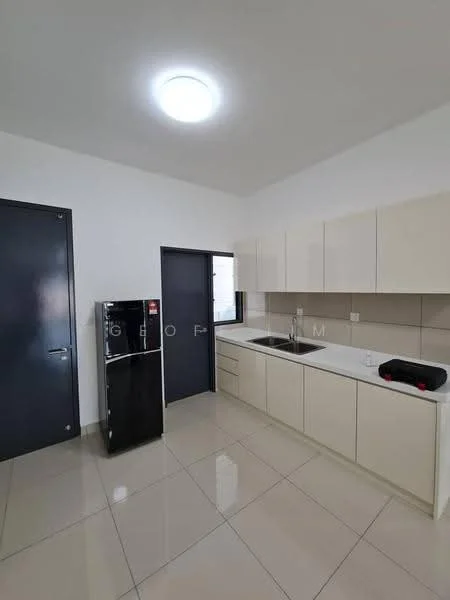 Kitchen features: white cabinetry, black refrigerator, single-bowl stainless-steel sink, chrome pull-down faucet, light-colored countertop, tile backsplash, ceramic tile flooring, recessed ceiling light, window for natural light, dark door, neutral wall color; style: modern.