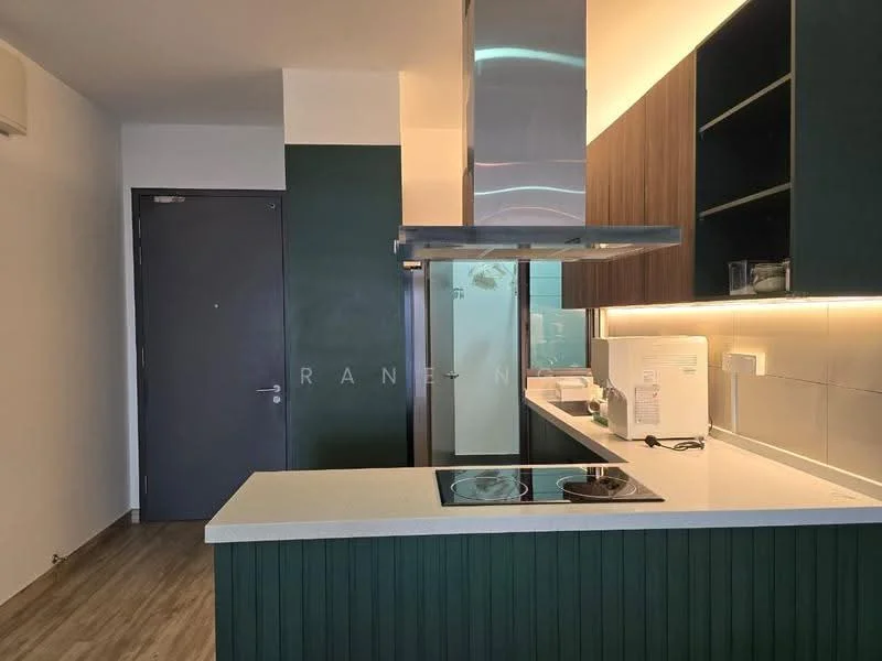 Kitchen features: white quartz countertop, green cabinetry, stainless-steel range hood, built-in oven, induction cooktop, recessed LED downlights, grey tiled backsplash, wood laminate flooring, single-bowl stainless-steel sink, chrome pull-down faucet; style: modern.