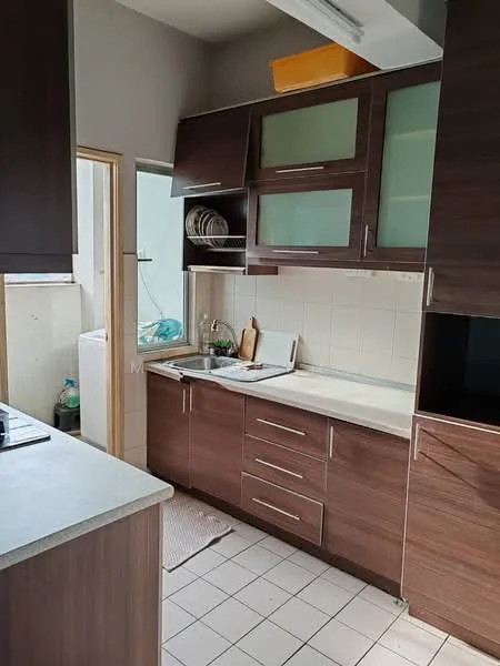 Kitchen features: brown wooden cabinetry, white countertop, stainless-steel sink, chrome pull-down faucet, ceramic tile flooring, white tiled backsplash, built-in oven, gas hob, open shelving, dish rack, window with natural light, laundry area visible through door; style: modern.