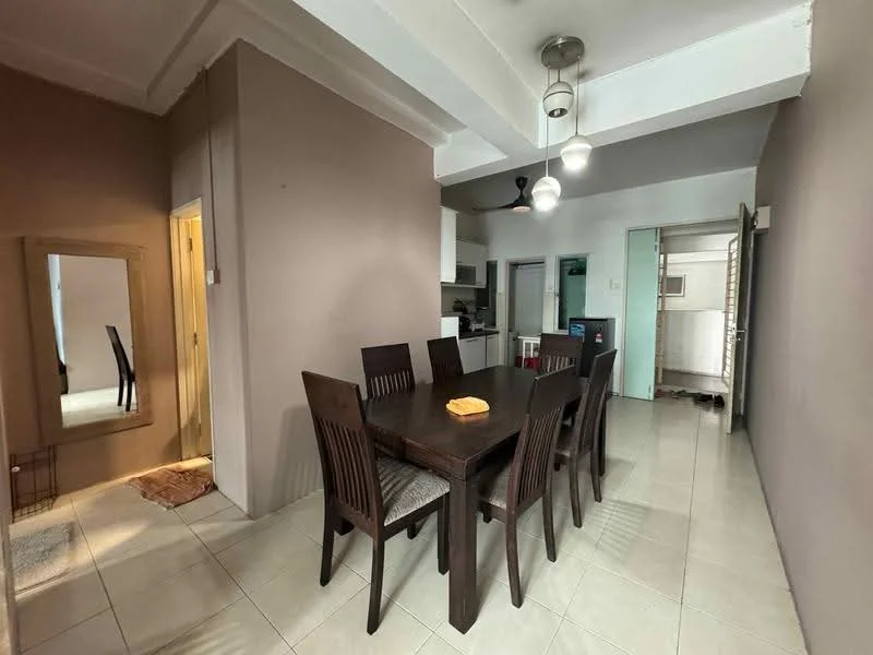 Dining features: 6-seater dining table, wooden dining chairs, pendant light fixture, ceiling fan, white walls, tile flooring, mirror on wall, open layout to kitchen, doorway to hallway; style: modern. Kitchen features: kitchen visible in background, white cabinetry, countertop, appliances visible; style: modern. Hallway features: doorway leading to other rooms, light-colored walls.