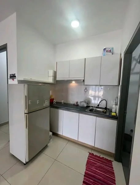 Kitchen features: white cabinetry, grey countertop, stainless-steel fridge, single-bowl stainless-steel sink, chrome pull-down faucet, white tiled backsplash, wall-mounted cabinet, tile flooring, recessed ceiling light, red area rug; style: modern.