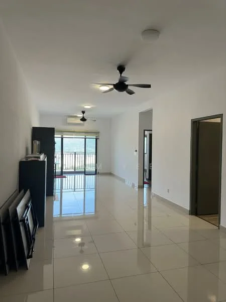 Living features: white painted walls, glossy ceramic tile flooring, 2 ceiling fans, large sliding glass door, balcony access, recessed ceiling lights, black TV console, open layout, natural light from windows, neutral color scheme; style: modern; view: city.
