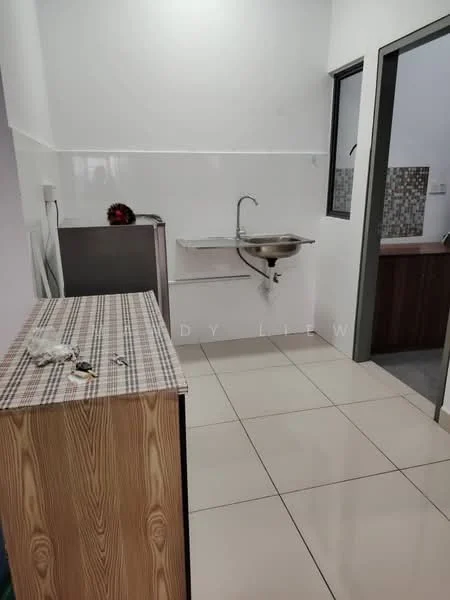 Kitchen features: single-bowl stainless-steel sink, chrome pull-down faucet, wooden cabinetry, grey tiled backsplash, white painted walls, cream tiled flooring, countertop with checkered pattern, refrigerator, window with black frame; style: modern.