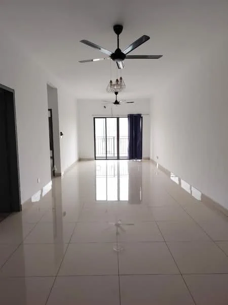 Living features: white painted walls, glossy tile flooring, 5-blade ceiling fan with light, chandelier, floor-to-ceiling windows, sliding glass door, dark curtains, open layout; style: modern.