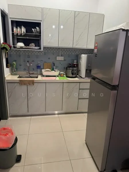 Kitchen features: white marble countertop, grey cabinetry, stainless-steel fridge, built-in oven, ceramic tile backsplash, single-bowl stainless-steel sink, chrome pull-down faucet, ceramic tile flooring, open shelving, microwave, kettle, garbage bin; style: modern.
