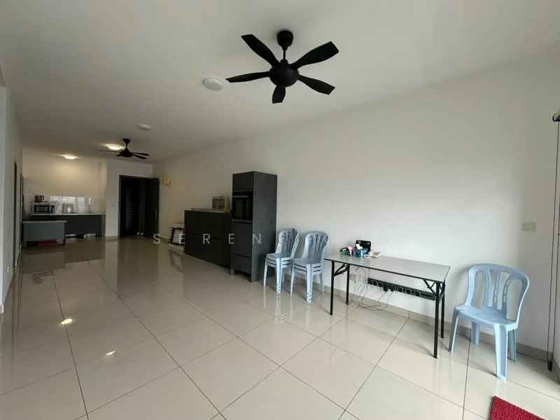Living features: white painted walls, glossy ceramic tile flooring, 2 ceiling fans, recessed downlights, kitchenette with grey cabinetry, microwave, fridge, black dining table, plastic dining chairs, open layout; style: modern.