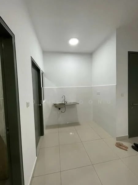 Room features: white painted walls, glossy tile flooring, single-bowl stainless-steel sink, wall-mounted faucet, ceiling light, two doors visible, corner wall with tile cladding, empty space; style: modern.