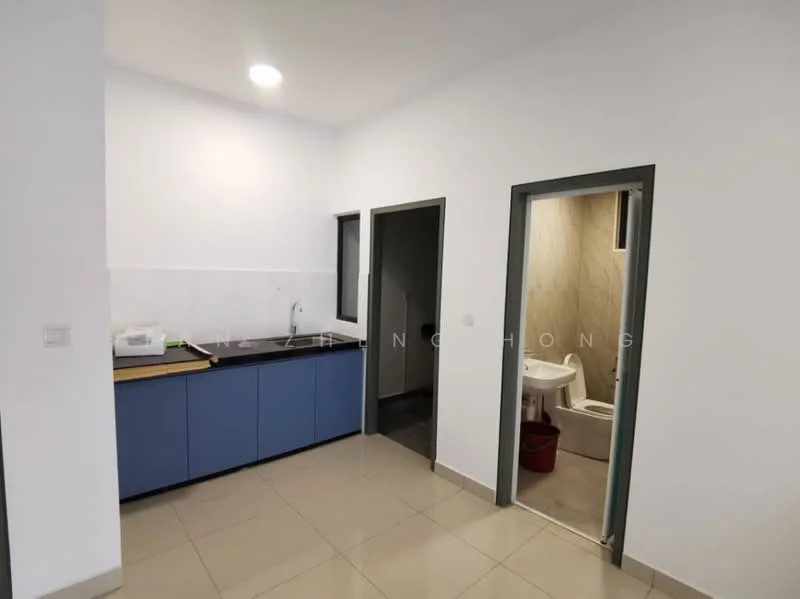 Kitchen features: blue cabinetry, countertop, single-bowl stainless-steel sink, chrome pull-down faucet, wall-mounted light fixture, tile flooring, white painted walls; style: modern. Bathroom features: toilet, tile cladding, wall-mounted mirror.